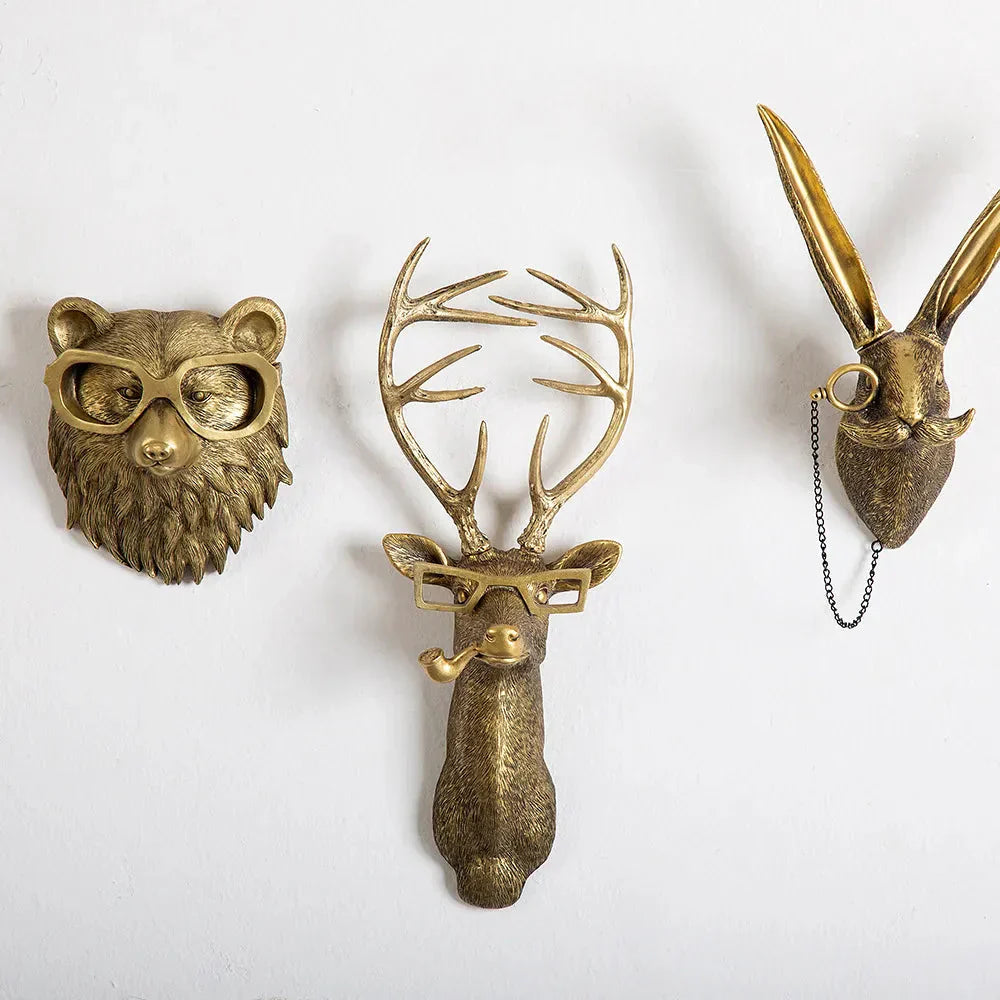Junips | Antique Bronze Resin Animal Pendant Golden Deer Head Wall Storage Hook Background Wall Accessories Decorative Figures