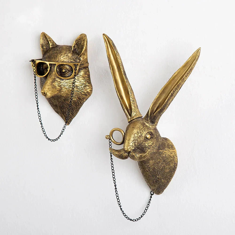 Junips | Antique Bronze Resin Animal Pendant Golden Deer Head Wall Storage Hook Background Wall Accessories Decorative Figures