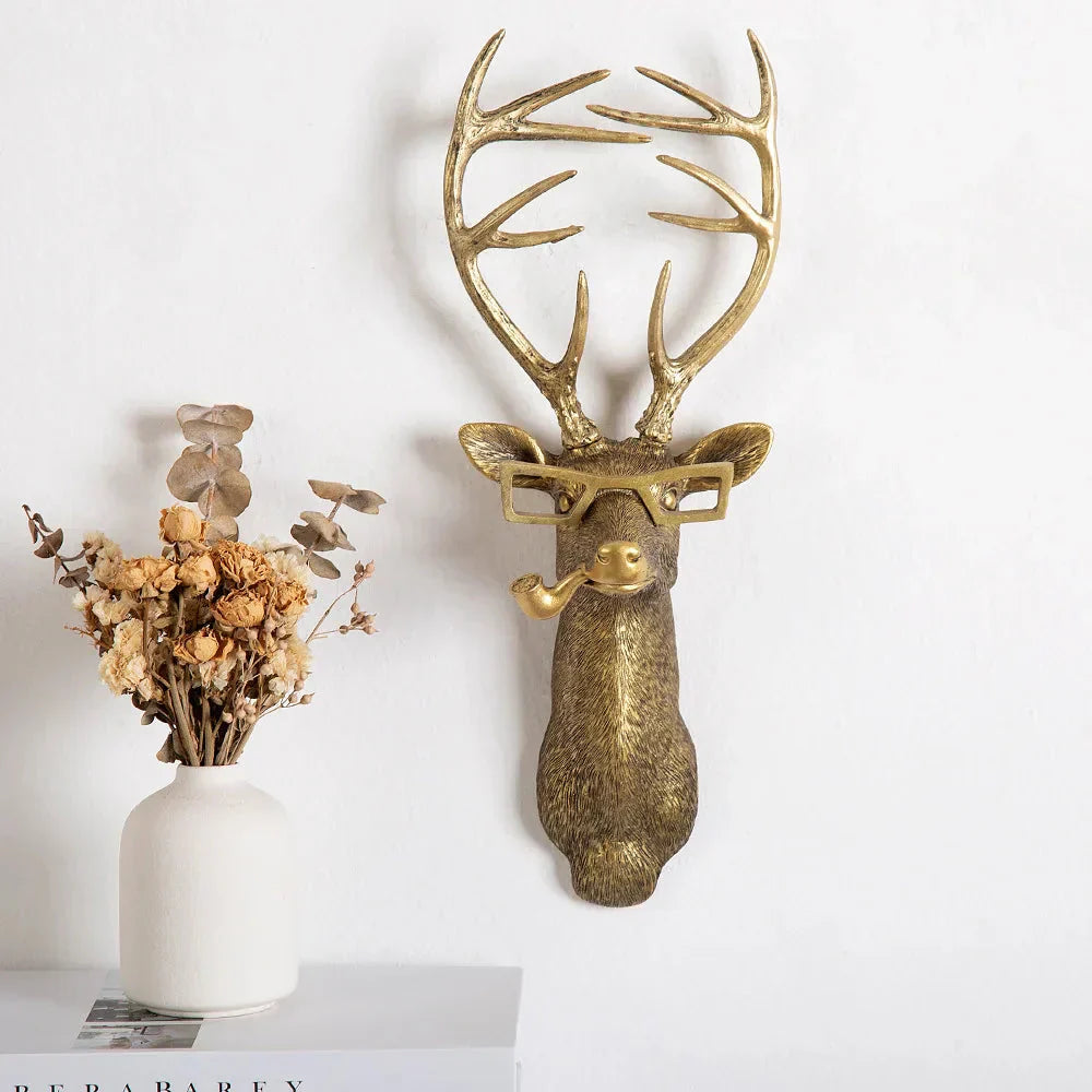 Junips | Antique Bronze Resin Animal Pendant Golden Deer Head Wall Storage Hook Background Wall Accessories Decorative Figures