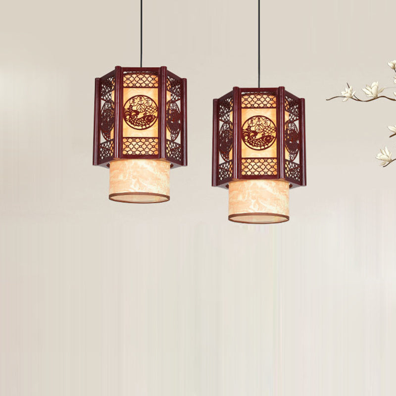 Junips | Traditional Chinese Wood-PVC Cylinder Lantern Carved Fish 1-Light Pendant Lamp for the Dining Room