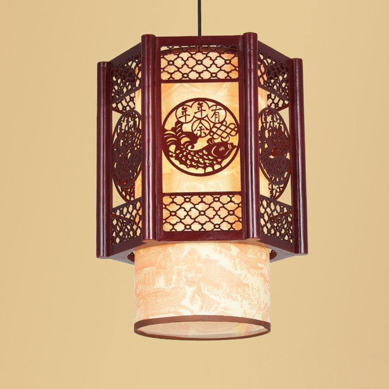 Junips | Traditional Chinese Wood-PVC Cylinder Lantern Carved Fish 1-Light Pendant Lamp for the Dining Room