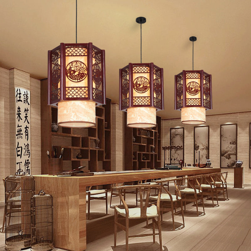 Junips | Traditional Chinese Wood-PVC Cylinder Lantern Carved Fish 1-Light Pendant Lamp for the Dining Room