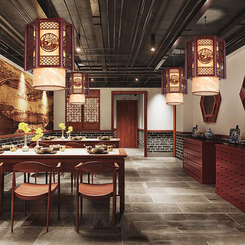 Junips | Traditional Chinese Wood-PVC Cylinder Lantern Carved Fish 1-Light Pendant Lamp for the Dining Room