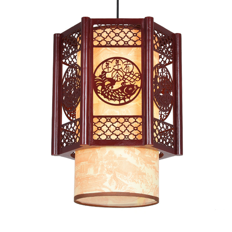 Junips | Traditional Chinese Wood-PVC Cylinder Lantern Carved Fish 1-Light Pendant Lamp for the Dining Room