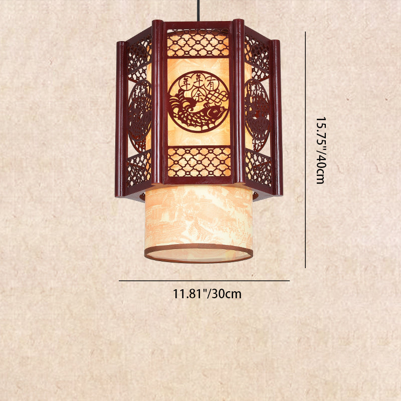 Junips | Traditional Chinese Wood-PVC Cylinder Lantern Carved Fish 1-Light Pendant Lamp for the Dining Room