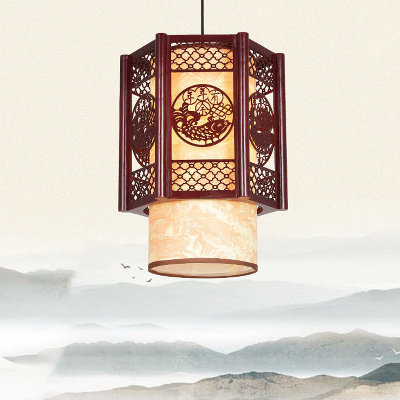 Junips | Traditional Chinese Wood-PVC Cylinder Lantern Carved Fish 1-Light Pendant Lamp for the Dining Room