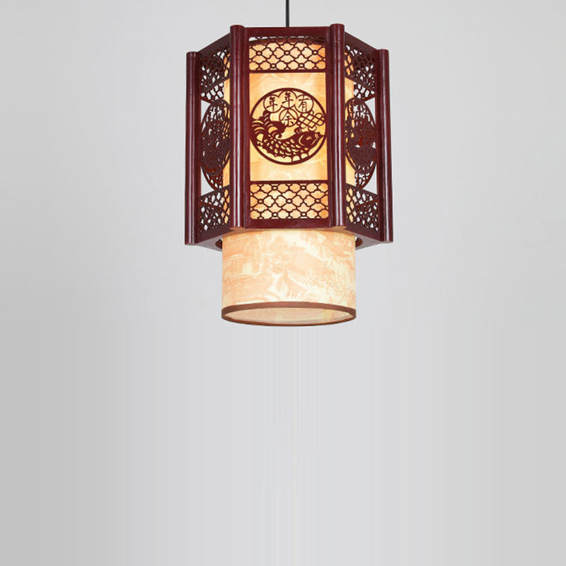 Junips | Traditional Chinese Wood-PVC Cylinder Lantern Carved Fish 1-Light Pendant Lamp for the Dining Room