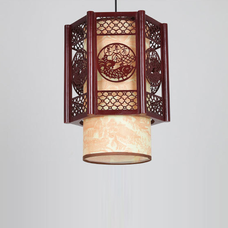 Junips | Traditional Chinese Wood-PVC Cylinder Lantern Carved Fish 1-Light Pendant Lamp for the Dining Room