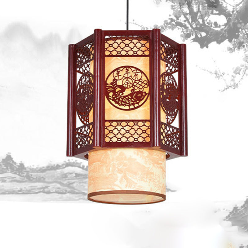 Junips | Traditional Chinese Wood-PVC Cylinder Lantern Carved Fish 1-Light Pendant Lamp for the Dining Room