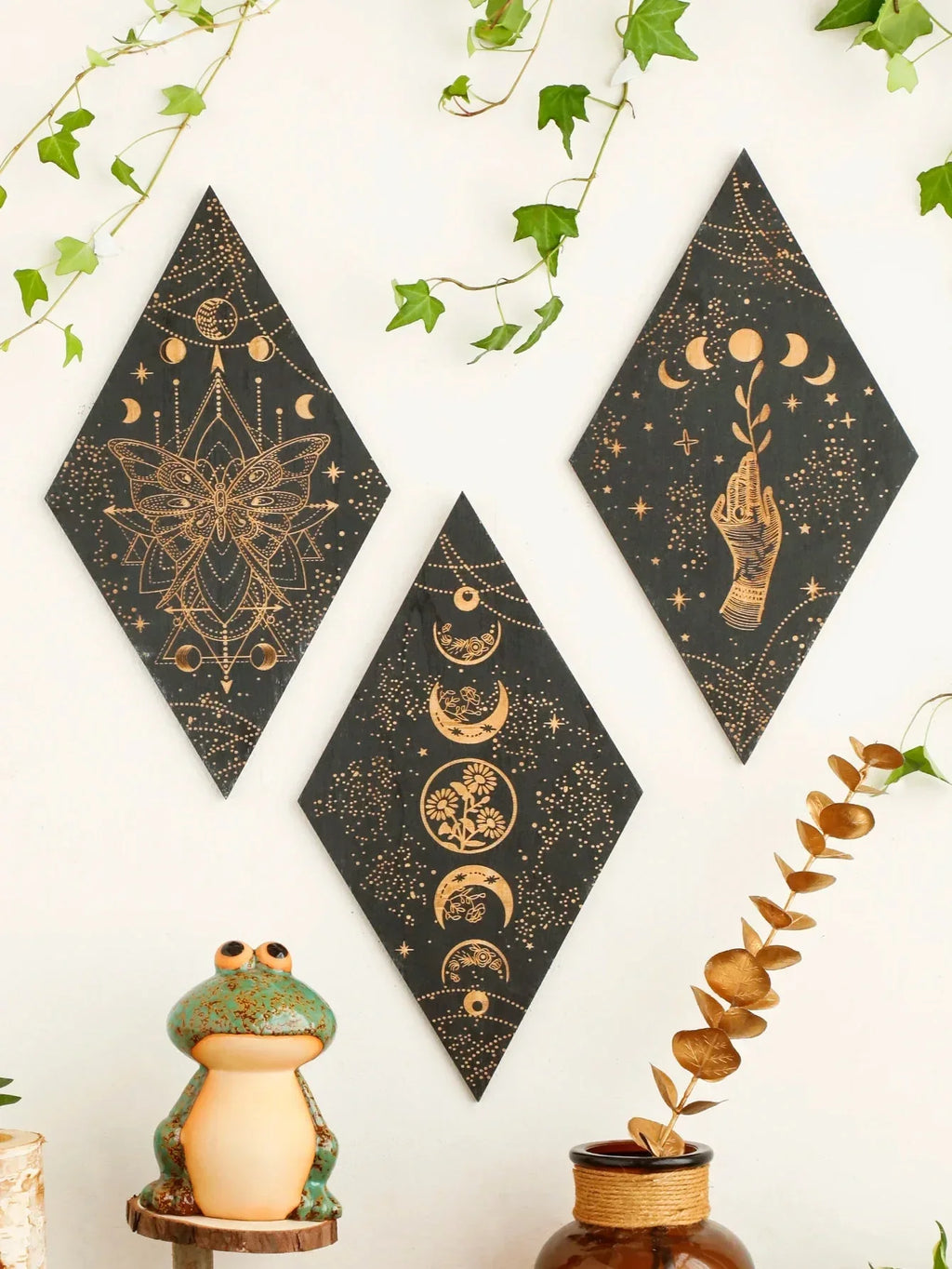 Junips | Black Moon Phases Wooden Wall Decoration Rhombus Wall Art Boho Home Decor Witch Tapestry Decoration Room Decor Aesthetic Gift
