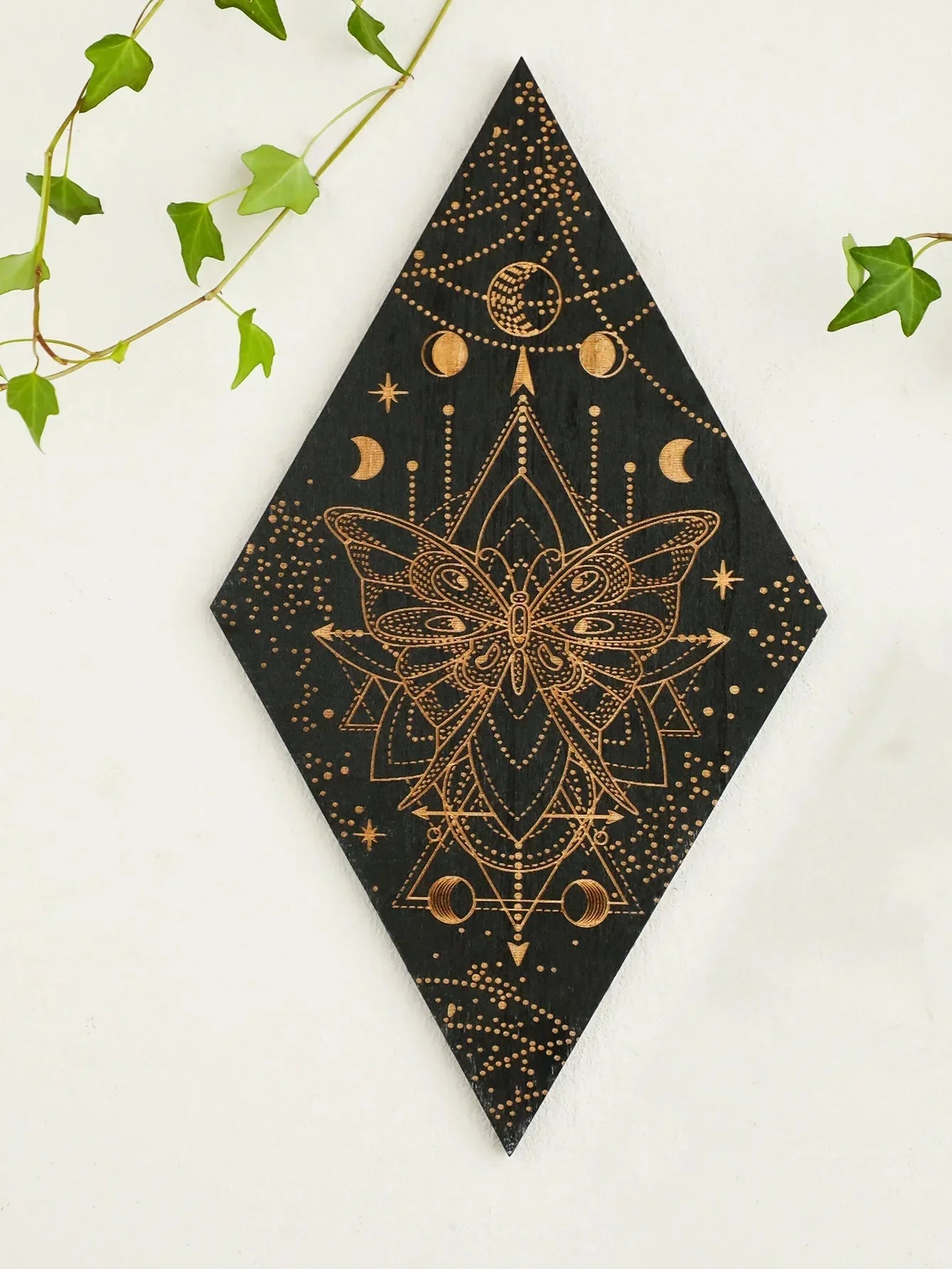 Junips | Black Moon Phases Wooden Wall Decoration Rhombus Wall Art Boho Home Decor Witch Tapestry Decoration Room Decor Aesthetic Gift