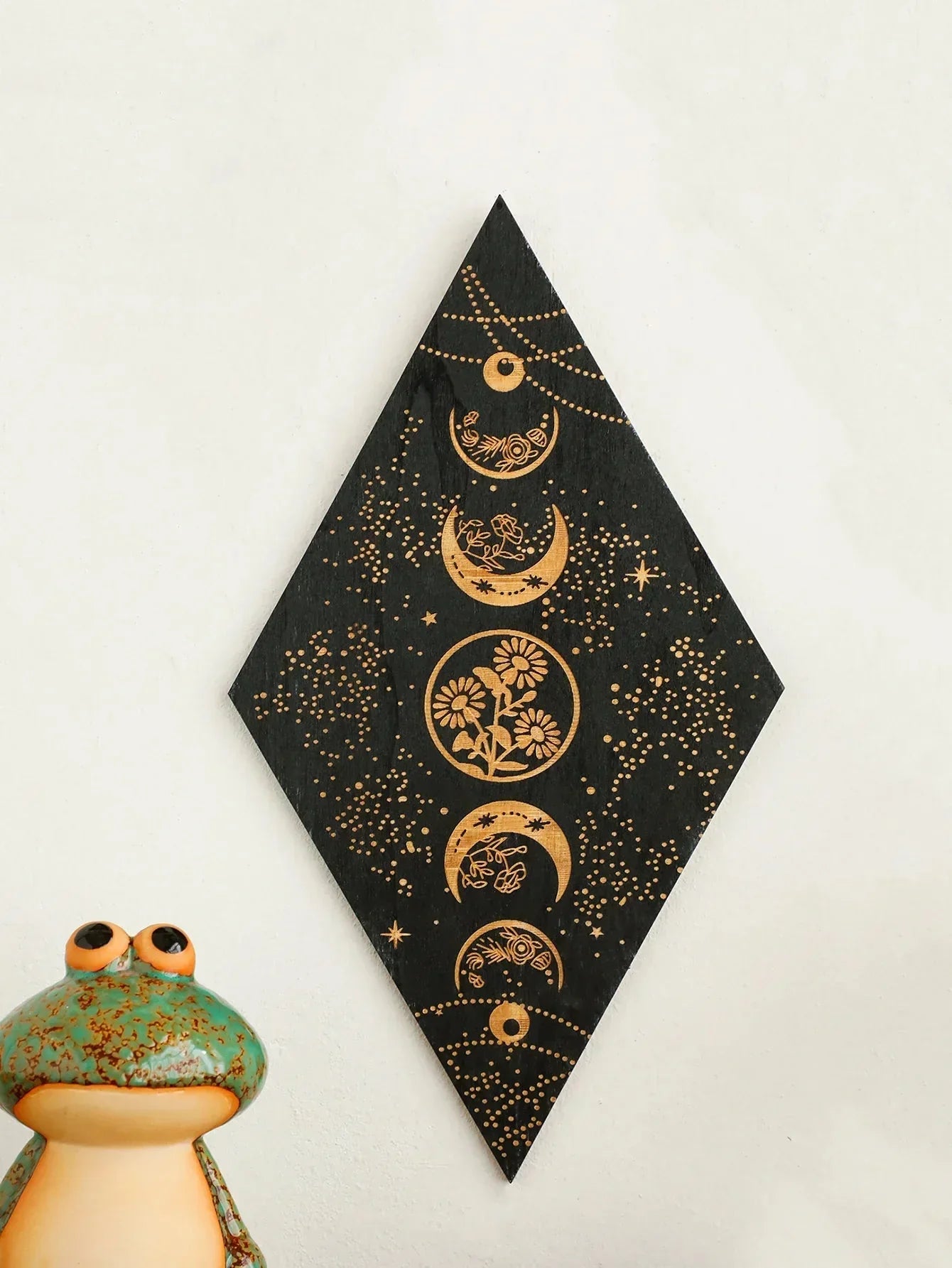 Junips | Black Moon Phases Wooden Wall Decoration Rhombus Wall Art Boho Home Decor Witch Tapestry Decoration Room Decor Aesthetic Gift