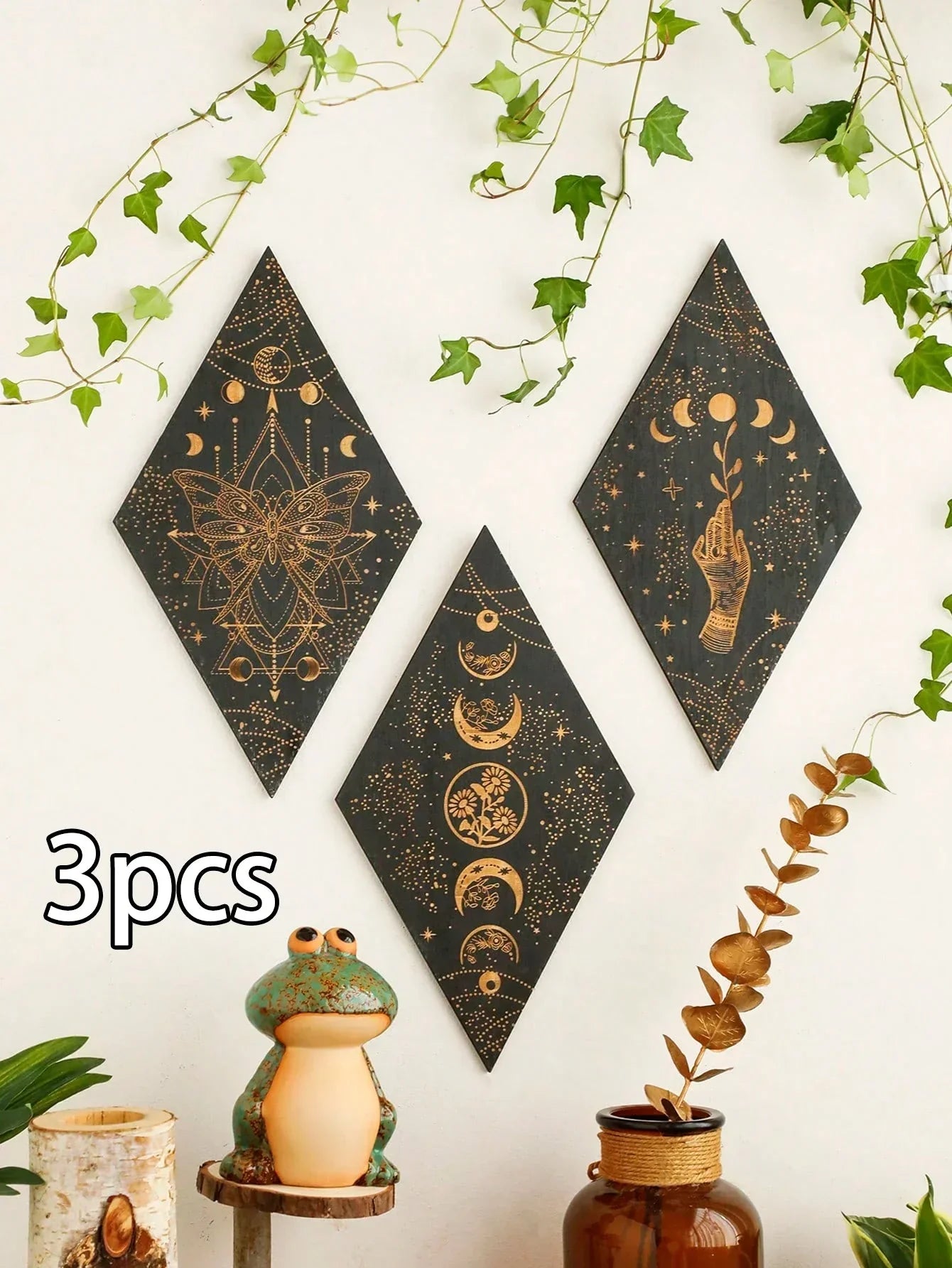 Junips | Black Moon Phases Wooden Wall Decoration Rhombus Wall Art Boho Home Decor Witch Tapestry Decoration Room Decor Aesthetic Gift
