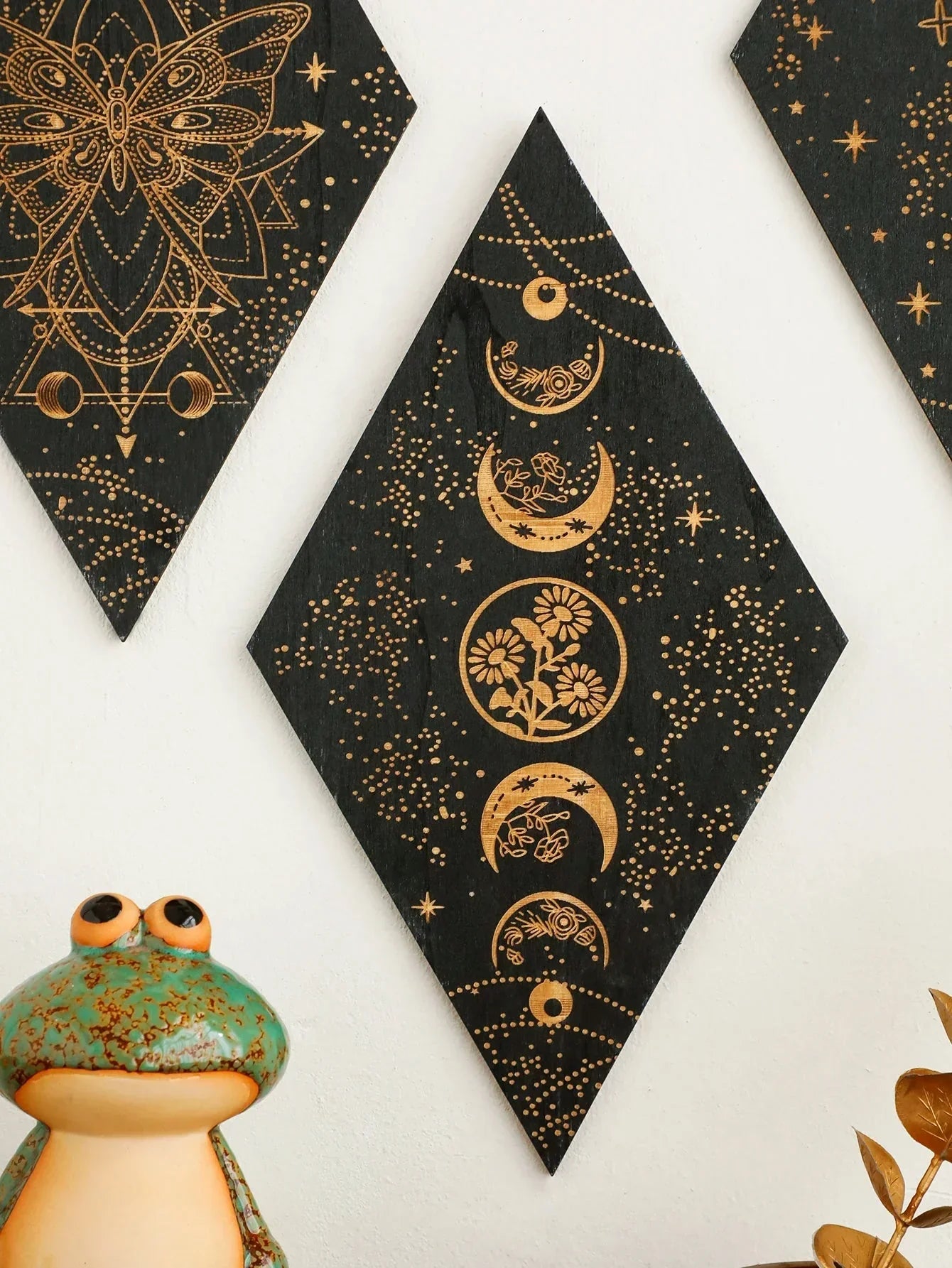 Junips | Black Moon Phases Wooden Wall Decoration Rhombus Wall Art Boho Home Decor Witch Tapestry Decoration Room Decor Aesthetic Gift