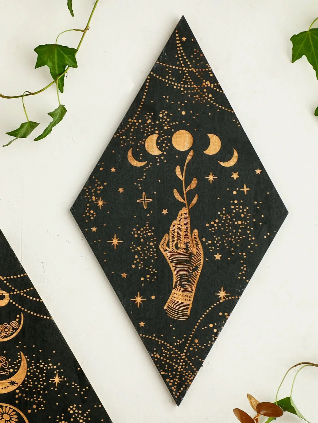 Junips | Black Moon Phases Wooden Wall Decoration Rhombus Wall Art Boho Home Decor Witch Tapestry Decoration Room Decor Aesthetic Gift