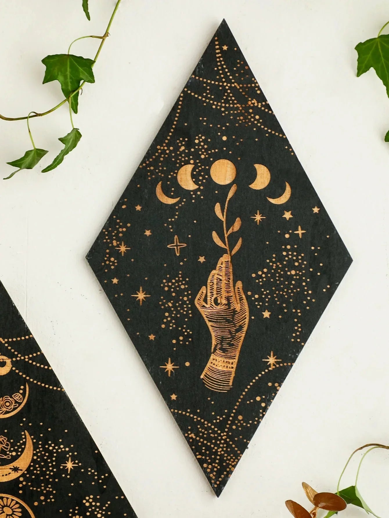 Junips | Black Moon Phases Wooden Wall Decoration Rhombus Wall Art Boho Home Decor Witch Tapestry Decoration Room Decor Aesthetic Gift