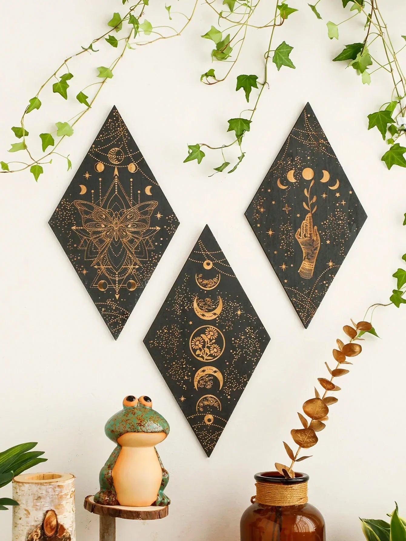 Junips | Black Moon Phases Wooden Wall Decoration Rhombus Wall Art Boho Home Decor Witch Tapestry Decoration Room Decor Aesthetic Gift