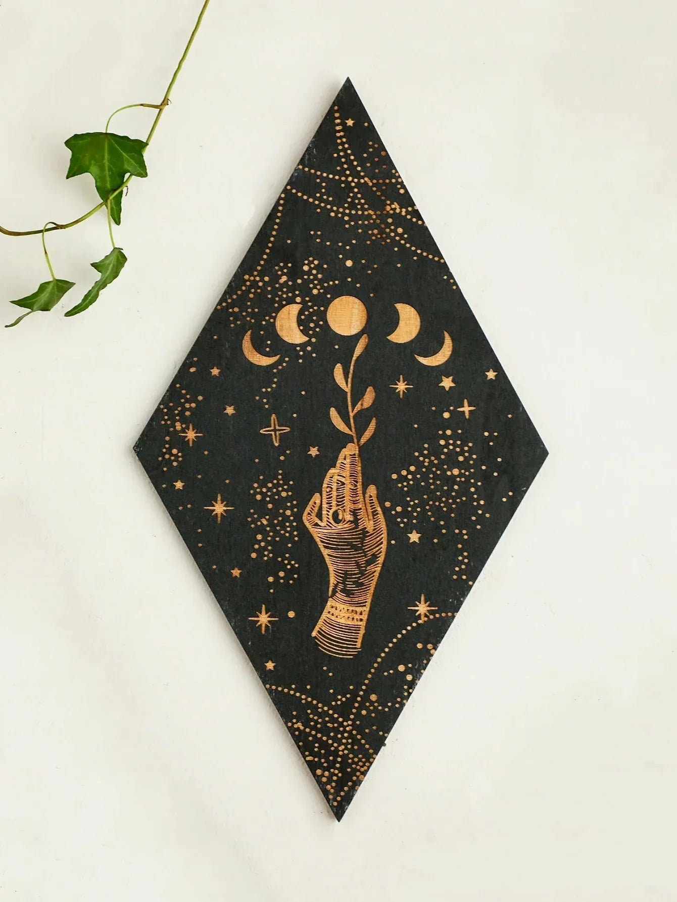 Junips | Black Moon Phases Wooden Wall Decoration Rhombus Wall Art Boho Home Decor Witch Tapestry Decoration Room Decor Aesthetic Gift