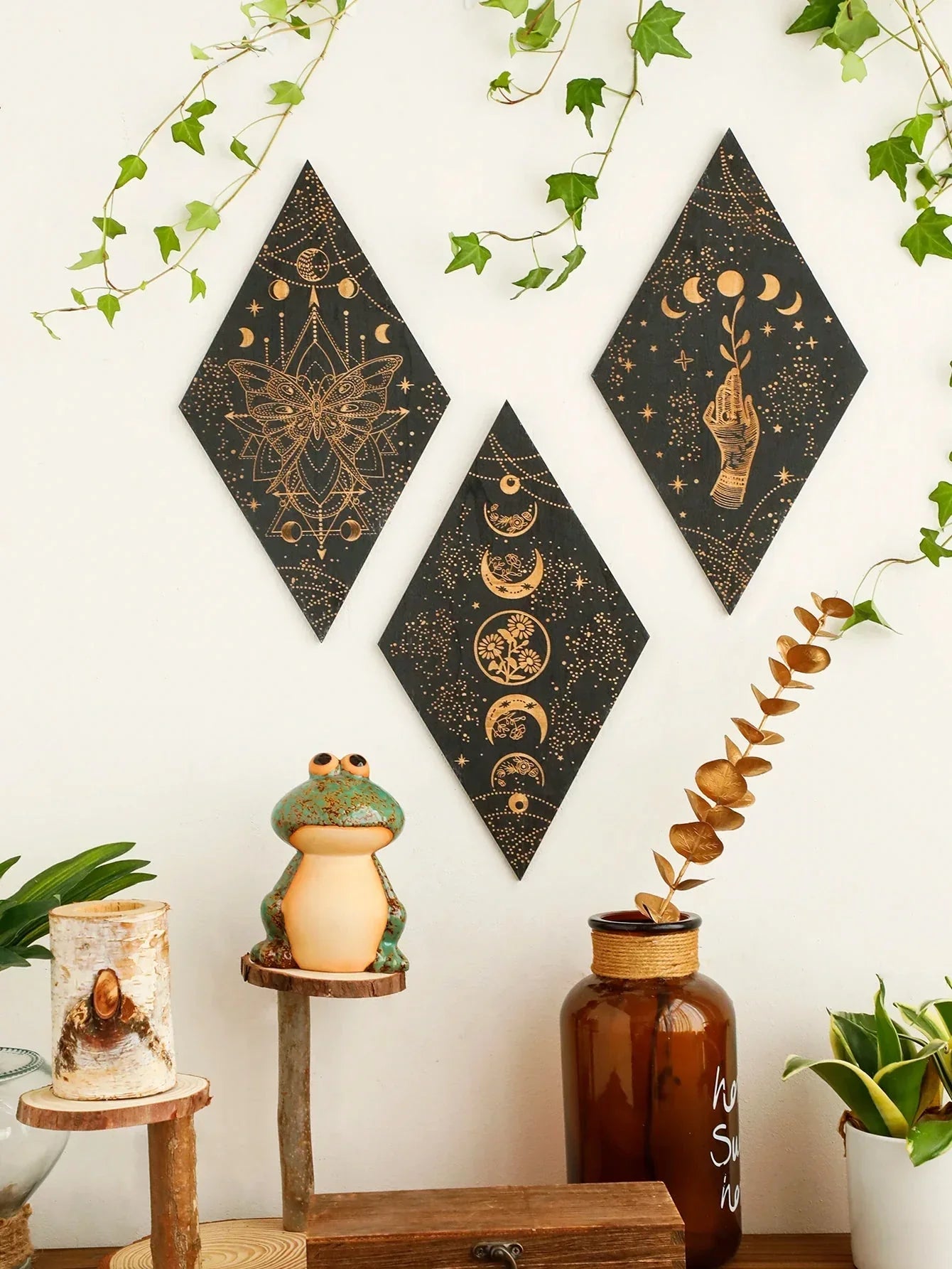 Junips | Black Moon Phases Wooden Wall Decoration Rhombus Wall Art Boho Home Decor Witch Tapestry Decoration Room Decor Aesthetic Gift