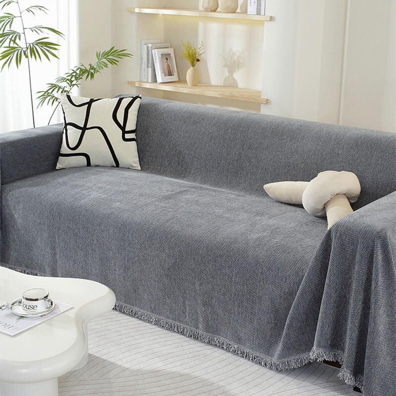 Junips | Chenille Blanket Herringbone Tassel Couch Cover