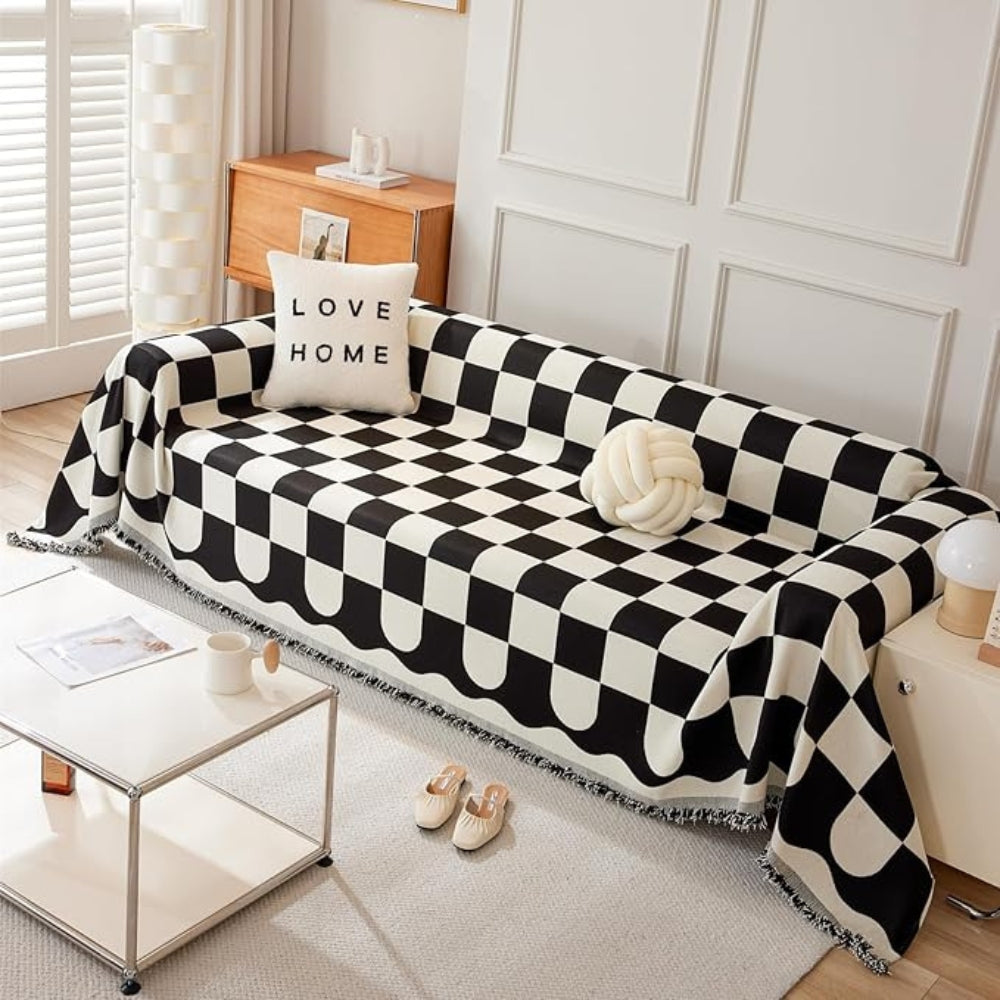 Junips | Chess Board Chic Tasseled Sofa Cover