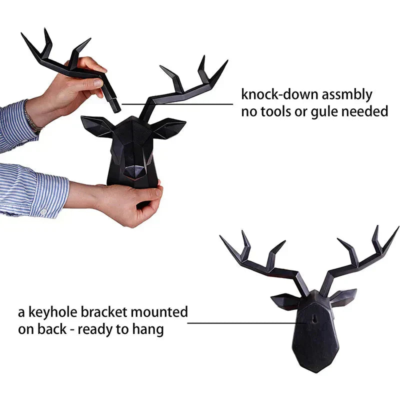 Junips | Deer Head Sculpture Animal Statue Figures Wall Hanging Creative Moose Art Antlers Statuette for Office Decor Wall Mounting