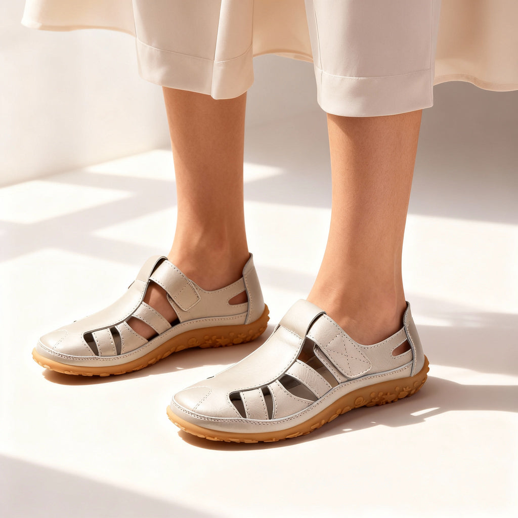 Junips | Orthopedic Retro Sandals | Split Leather Anti-Slip Flats | Anatomical Arch Support | Shock-Absorbing Rubber Outsole | Diabetic-Friendly Wide Toe Box | Slip-On Ergonomic Footwear