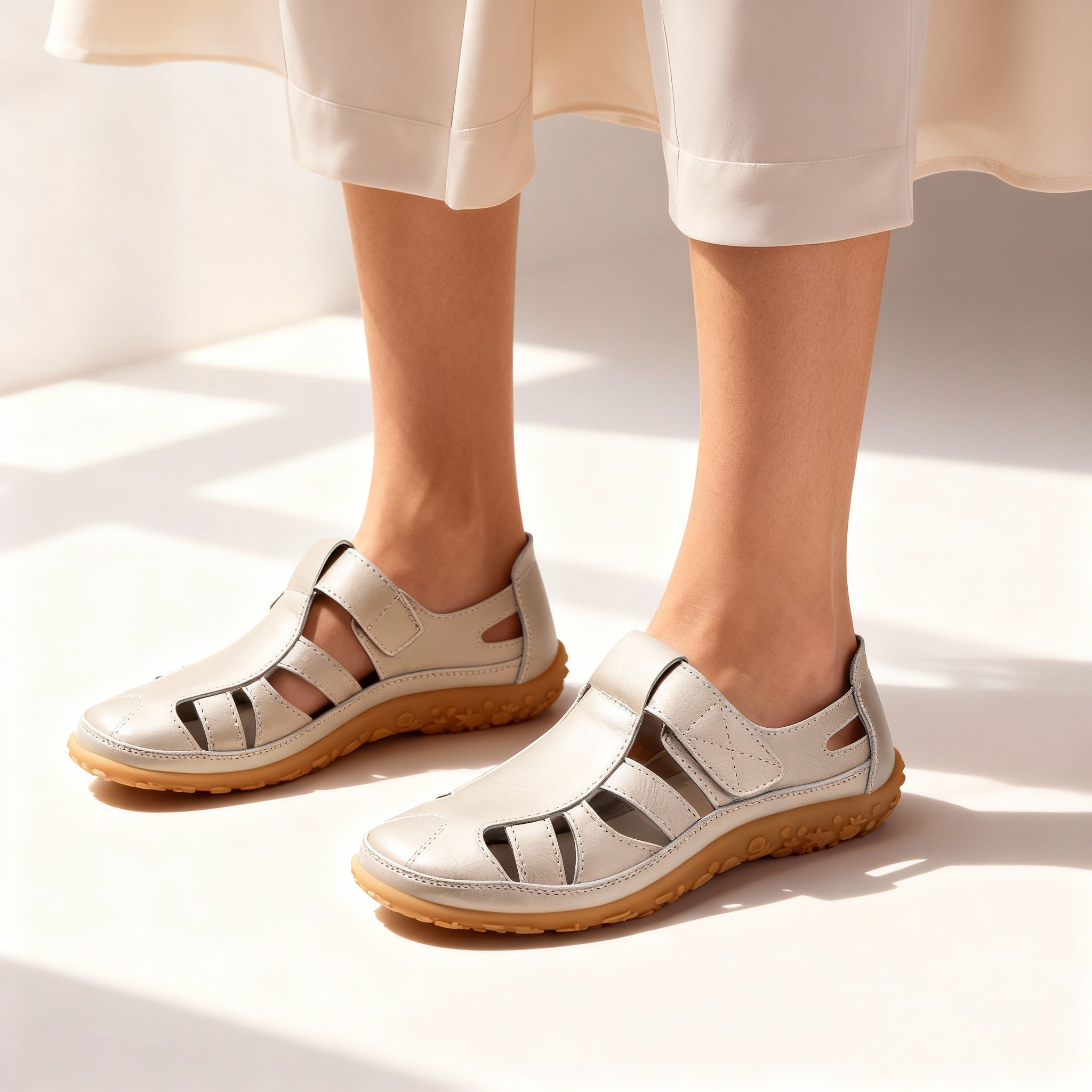 Junips | Orthopedic Retro Sandals | Split Leather Anti-Slip Flats | Anatomical Arch Support | Shock-Absorbing Rubber Outsole | Diabetic-Friendly Wide Toe Box | Slip-On Ergonomic Footwear