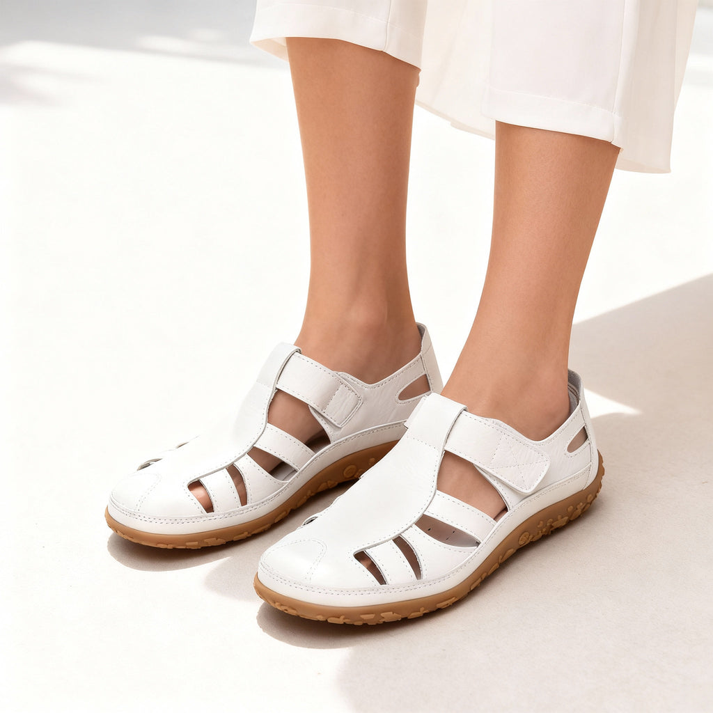 Junips | Orthopedic Retro Sandals | Split Leather Anti-Slip Flats | Anatomical Arch Support | Shock-Absorbing Rubber Outsole | Diabetic-Friendly Wide Toe Box | Slip-On Ergonomic Footwear