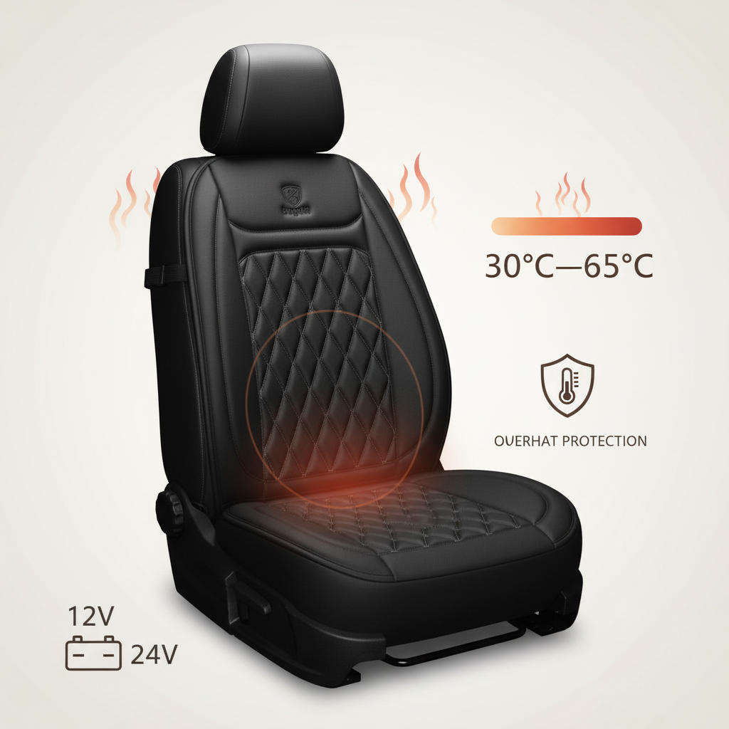 Junips | Heated Car Seat Cover | 30°C–65°C Digital Temperature Regulation | 12V/24V Dual-Voltage Input | Integrated Overheat Protection Circuitry | Reinforced High-Density Cotton Textile