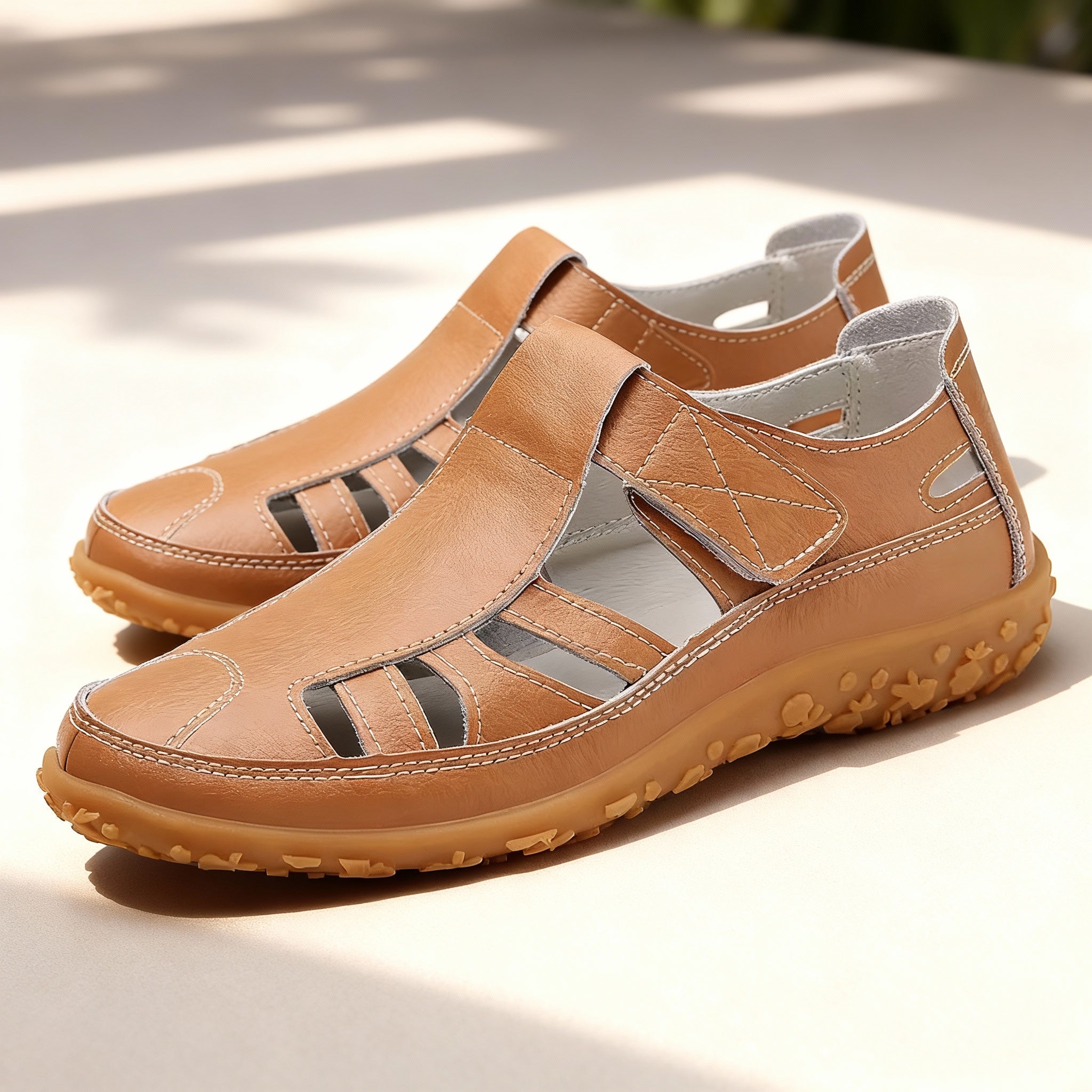 Junips | Orthopedic Retro Sandals | Split Leather Anti-Slip Flats | Anatomical Arch Support | Shock-Absorbing Rubber Outsole | Diabetic-Friendly Wide Toe Box | Slip-On Ergonomic Footwear