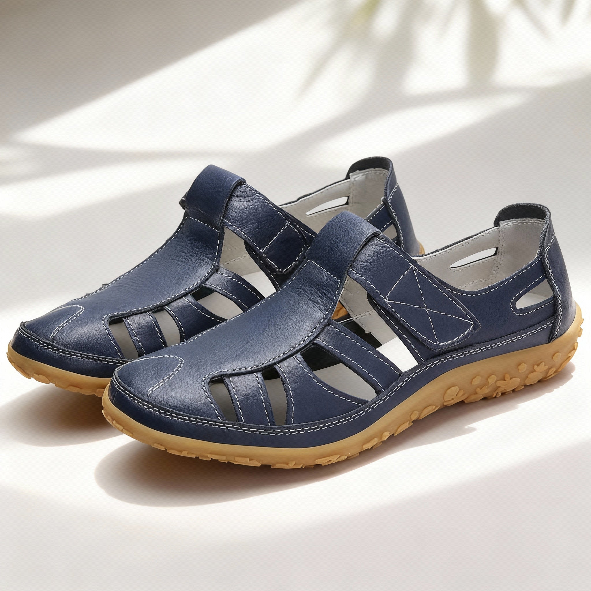 Junips | Orthopedic Retro Sandals | Split Leather Anti-Slip Flats | Anatomical Arch Support | Shock-Absorbing Rubber Outsole | Diabetic-Friendly Wide Toe Box | Slip-On Ergonomic Footwear