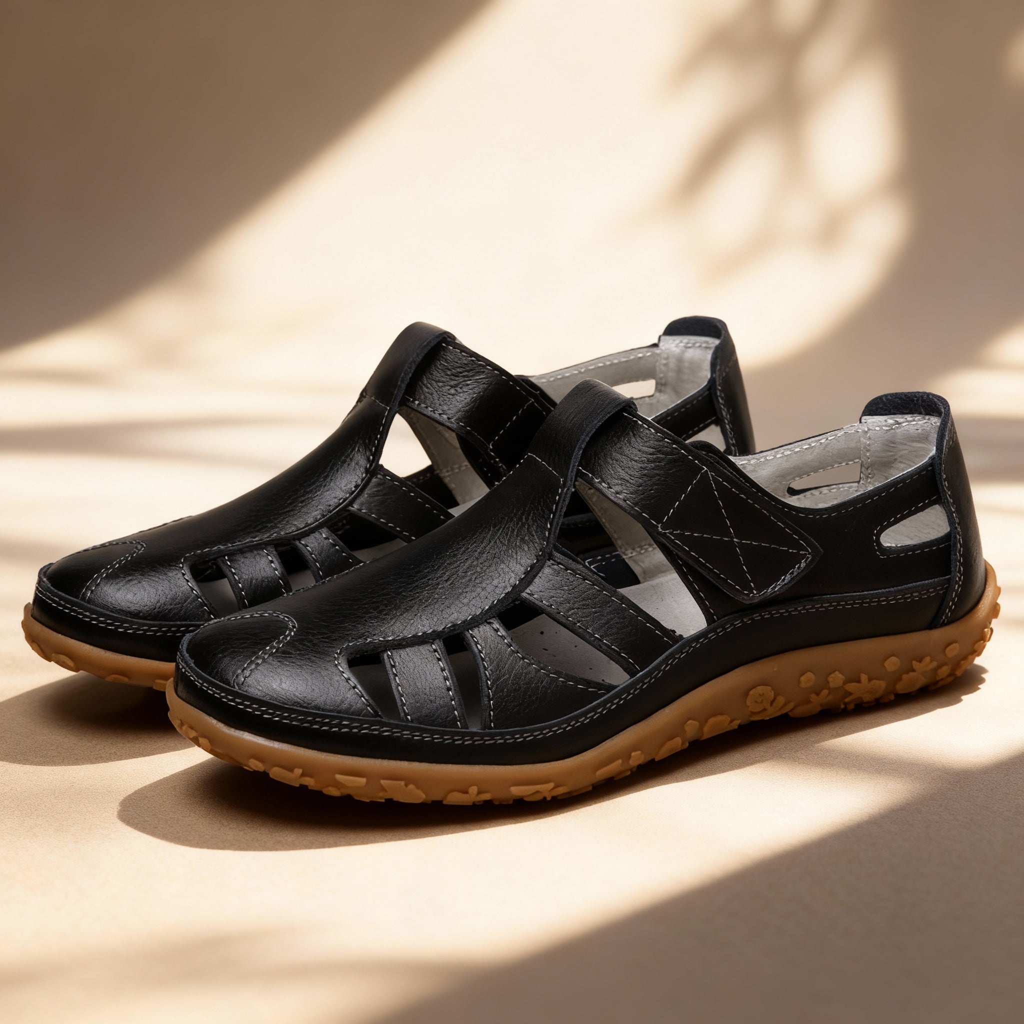 Junips | Orthopedic Retro Sandals | Split Leather Anti-Slip Flats | Anatomical Arch Support | Shock-Absorbing Rubber Outsole | Diabetic-Friendly Wide Toe Box | Slip-On Ergonomic Footwear