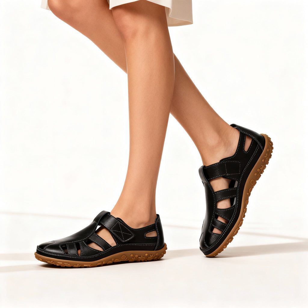 Junips | Orthopedic Retro Sandals | Split Leather Anti-Slip Flats | Anatomical Arch Support | Shock-Absorbing Rubber Outsole | Diabetic-Friendly Wide Toe Box | Slip-On Ergonomic Footwear