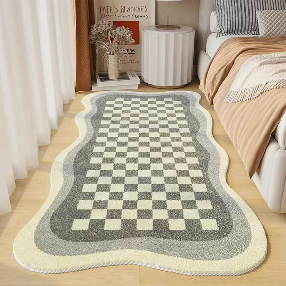 Junips | Faux Cashmere Checkered Cozy Nightstand Rug Irregular Shape Rug