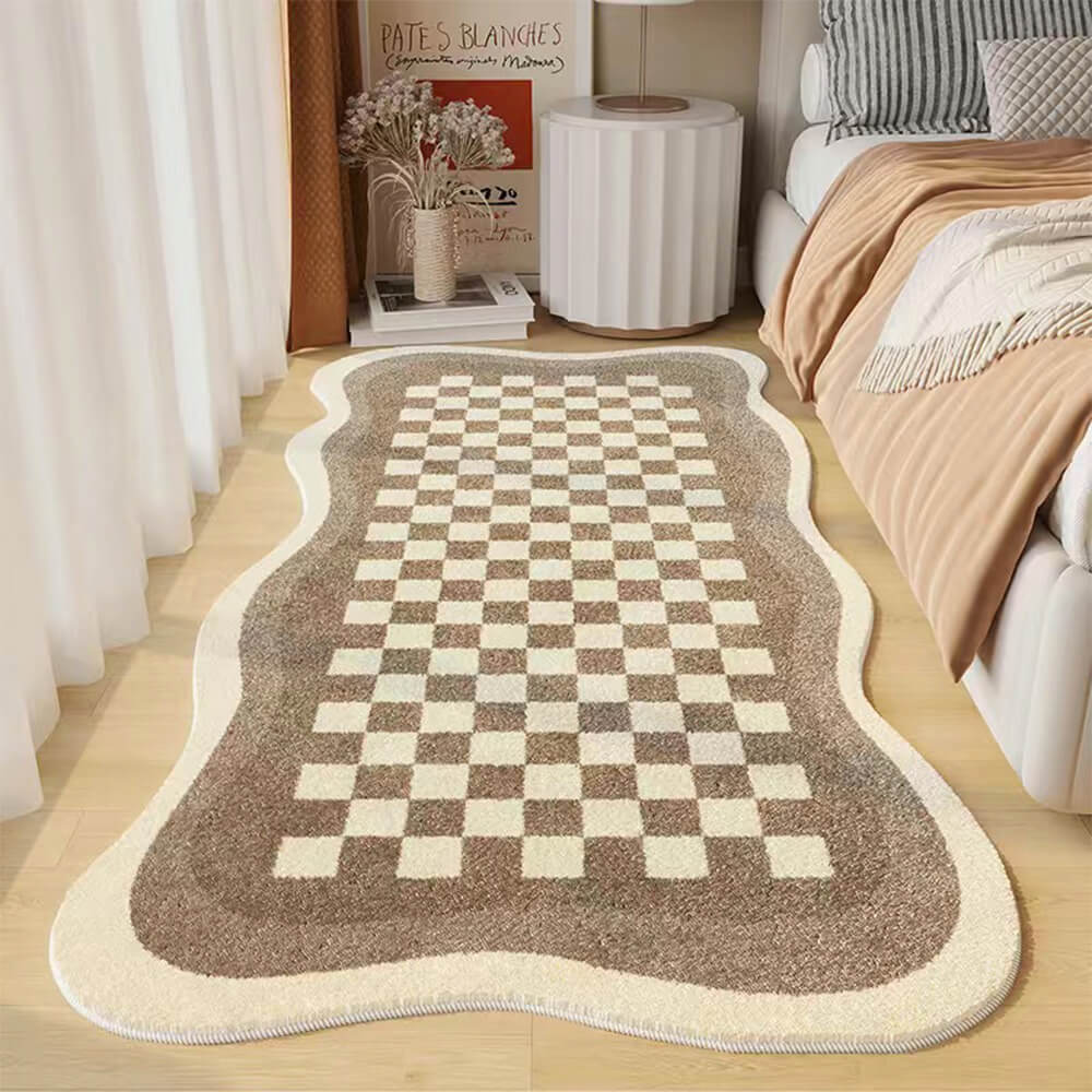 Junips | Faux Cashmere Checkered Cozy Nightstand Rug Irregular Shape Rug