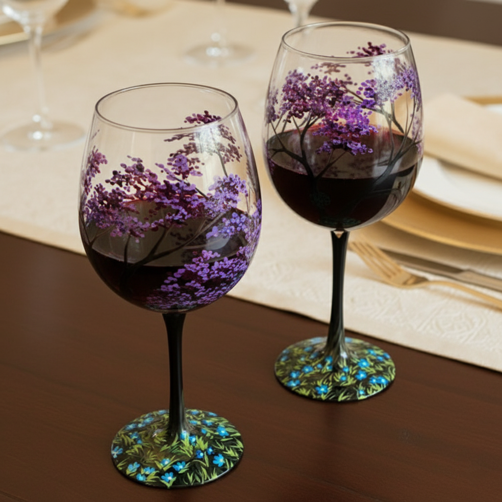 Junips | Hand Painted Four Seasons Tree Wine Glasses | Unique Art