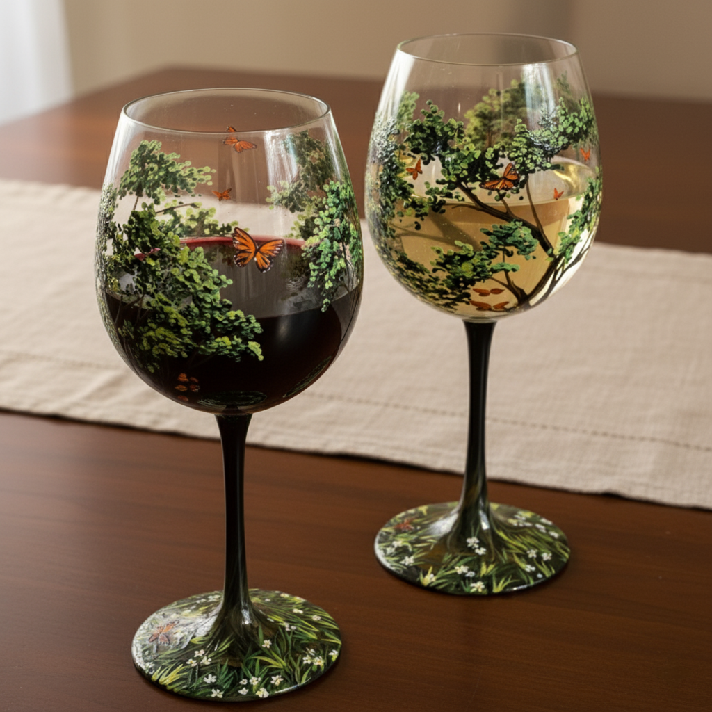 Junips | Hand Painted Four Seasons Tree Wine Glasses | Unique Art