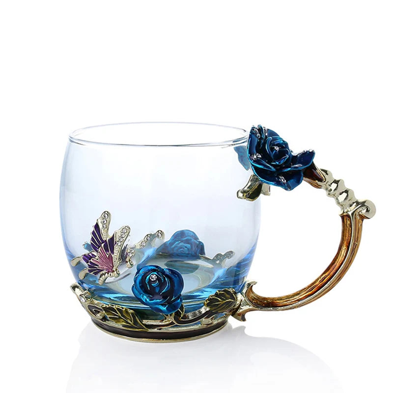 Junips | Handcrafted Enamel Coffee Mugs Rose-Glass Tea Cup with Steel Spoon Luxury Unique Gifts for Wedding Valentine's Day Birthday Gifts