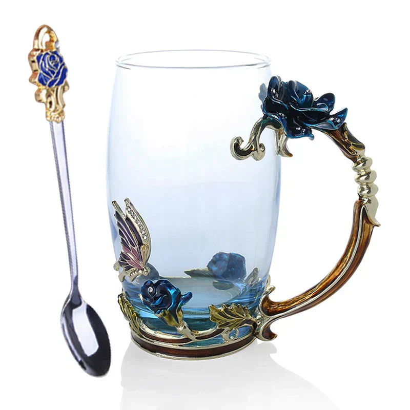 Junips | Handcrafted Enamel Coffee Mugs Rose-Glass Tea Cup with Steel Spoon Luxury Unique Gifts for Wedding Valentine's Day Birthday Gifts