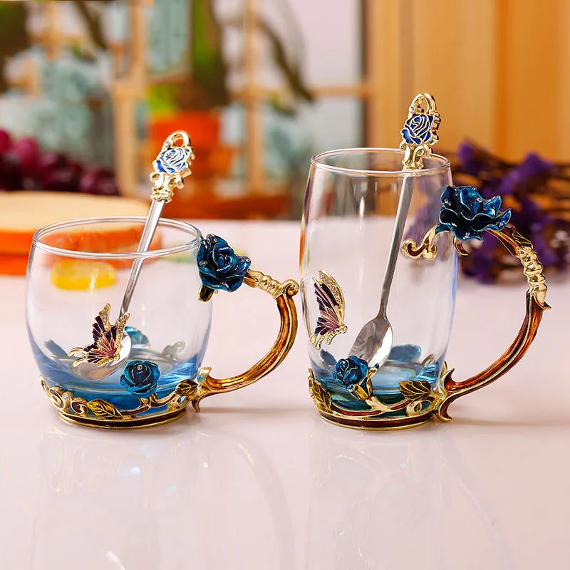 Junips | Handcrafted Enamel Coffee Mugs Rose-Glass Tea Cup with Steel Spoon Luxury Unique Gifts for Wedding Valentine's Day Birthday Gifts