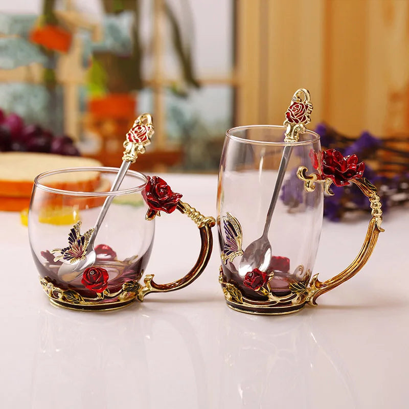 Junips | Handcrafted Enamel Coffee Mugs Rose-Glass Tea Cup with Steel Spoon Luxury Unique Gifts for Wedding Valentine's Day Birthday Gifts