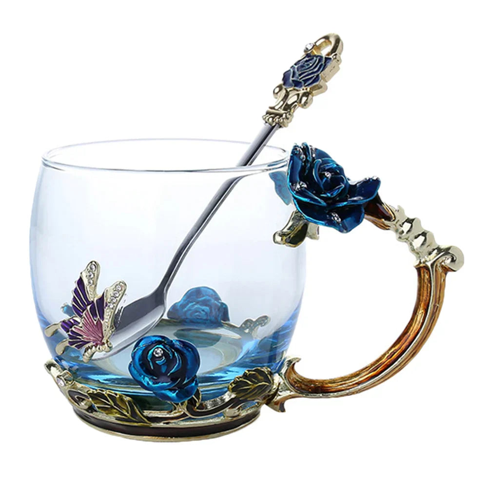 Junips | Handcrafted Enamel Coffee Mugs Rose-Glass Tea Cup with Steel Spoon Luxury Unique Gifts for Wedding Valentine's Day Birthday Gifts