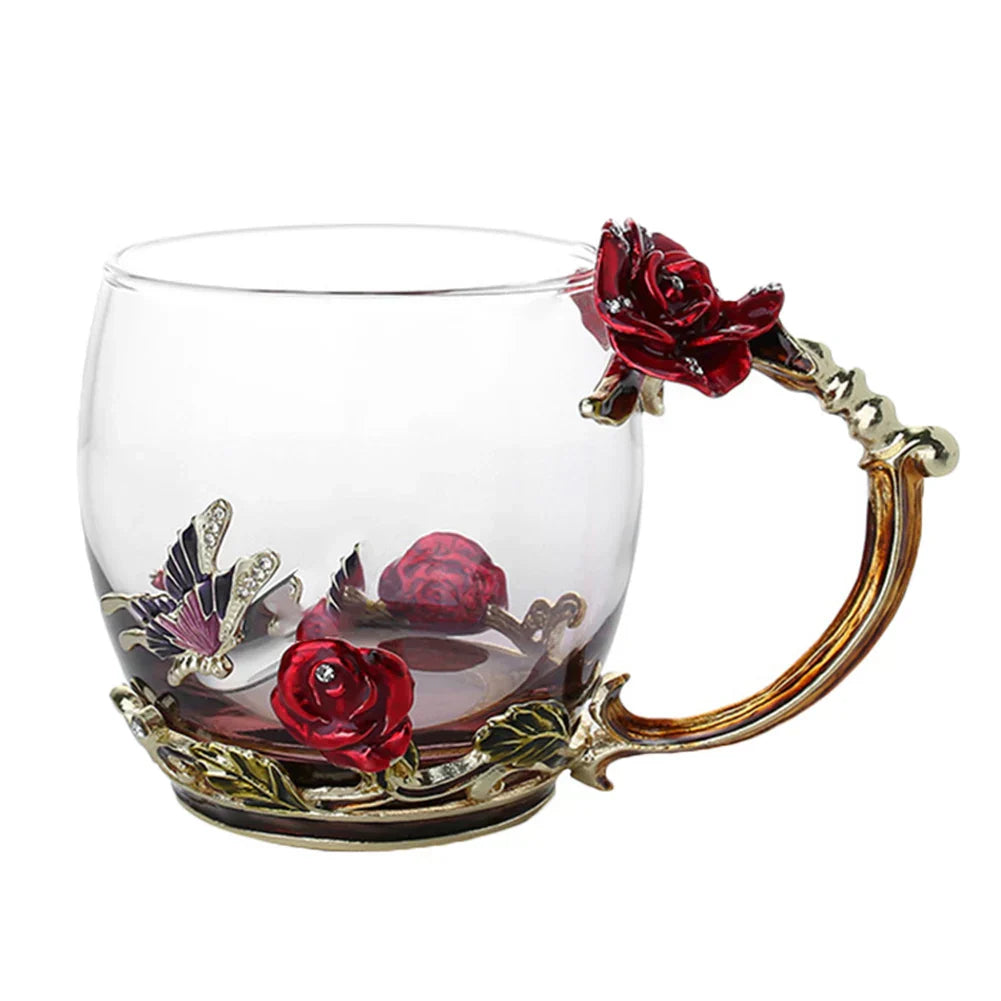 Junips | Handcrafted Enamel Coffee Mugs Rose-Glass Tea Cup with Steel Spoon Luxury Unique Gifts for Wedding Valentine's Day Birthday Gifts