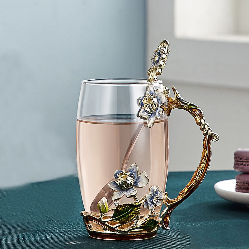 Junips | Handcrafted enamel flower glass mug for couples love gift can serve coffee, flavored tea or even lemon juice in