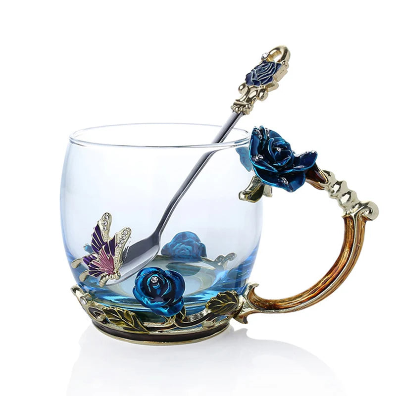 Junips | Handcrafted Enamel Coffee Mugs Rose-Glass Tea Cup with Steel Spoon Luxury Unique Gifts for Wedding Valentine's Day Birthday Gifts