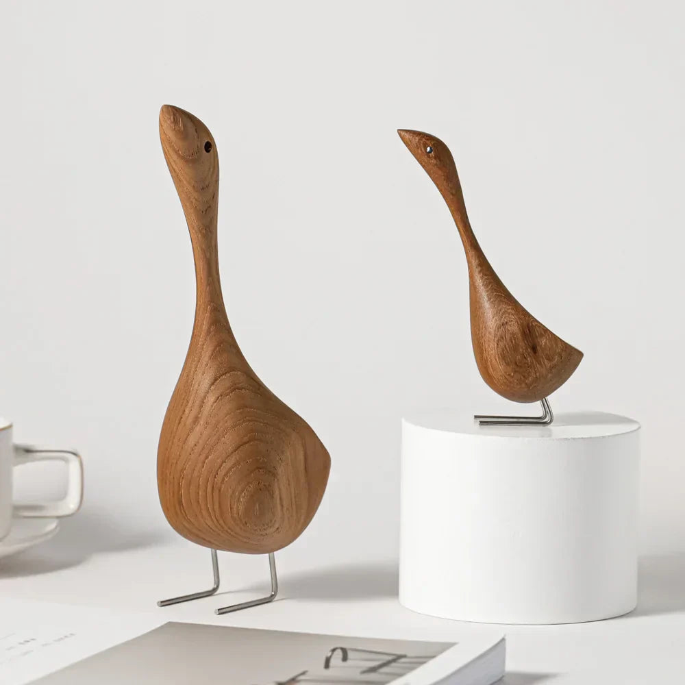 Junips | Nordic Wooden Goose Figures Abstract Teak Wood Sculpture Love Couple Figures Natural Animal Ornaments for Home Decoration