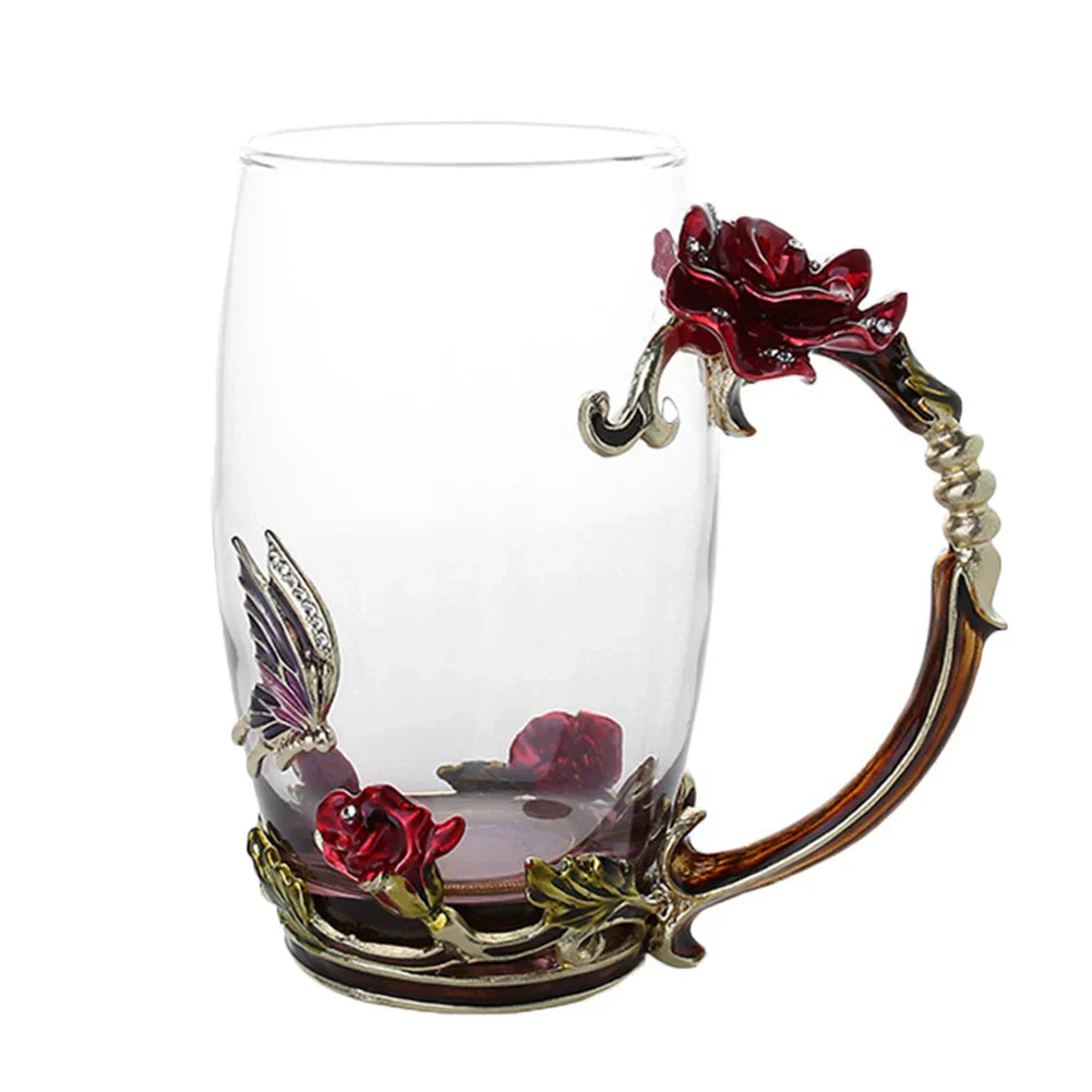 Junips | Handcrafted Enamel Coffee Mugs Rose-Glass Tea Cup with Steel Spoon Luxury Unique Gifts for Wedding Valentine's Day Birthday Gifts