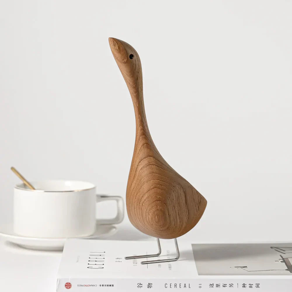 Junips | Nordic Wooden Goose Figures Abstract Teak Wood Sculpture Love Couple Figures Natural Animal Ornaments for Home Decoration