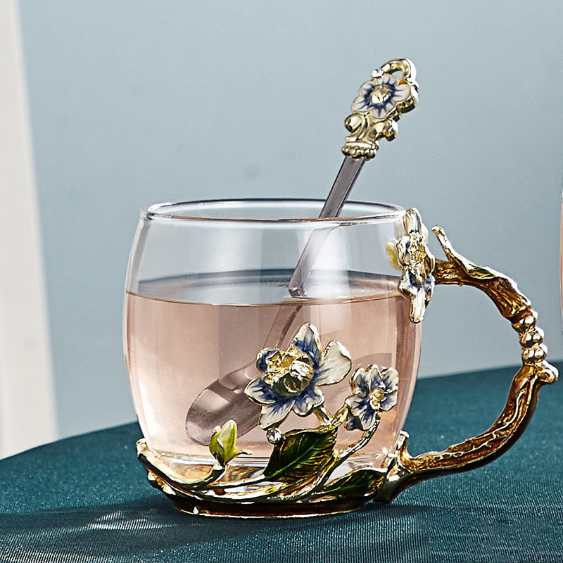 Junips | Handcrafted enamel flower glass mug for couples love gift can serve coffee, flavored tea or even lemon juice in